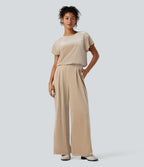 Round Neck Short Sleeve Velvet Work Jumpsuit with Pockets — Wood Ash — view 1