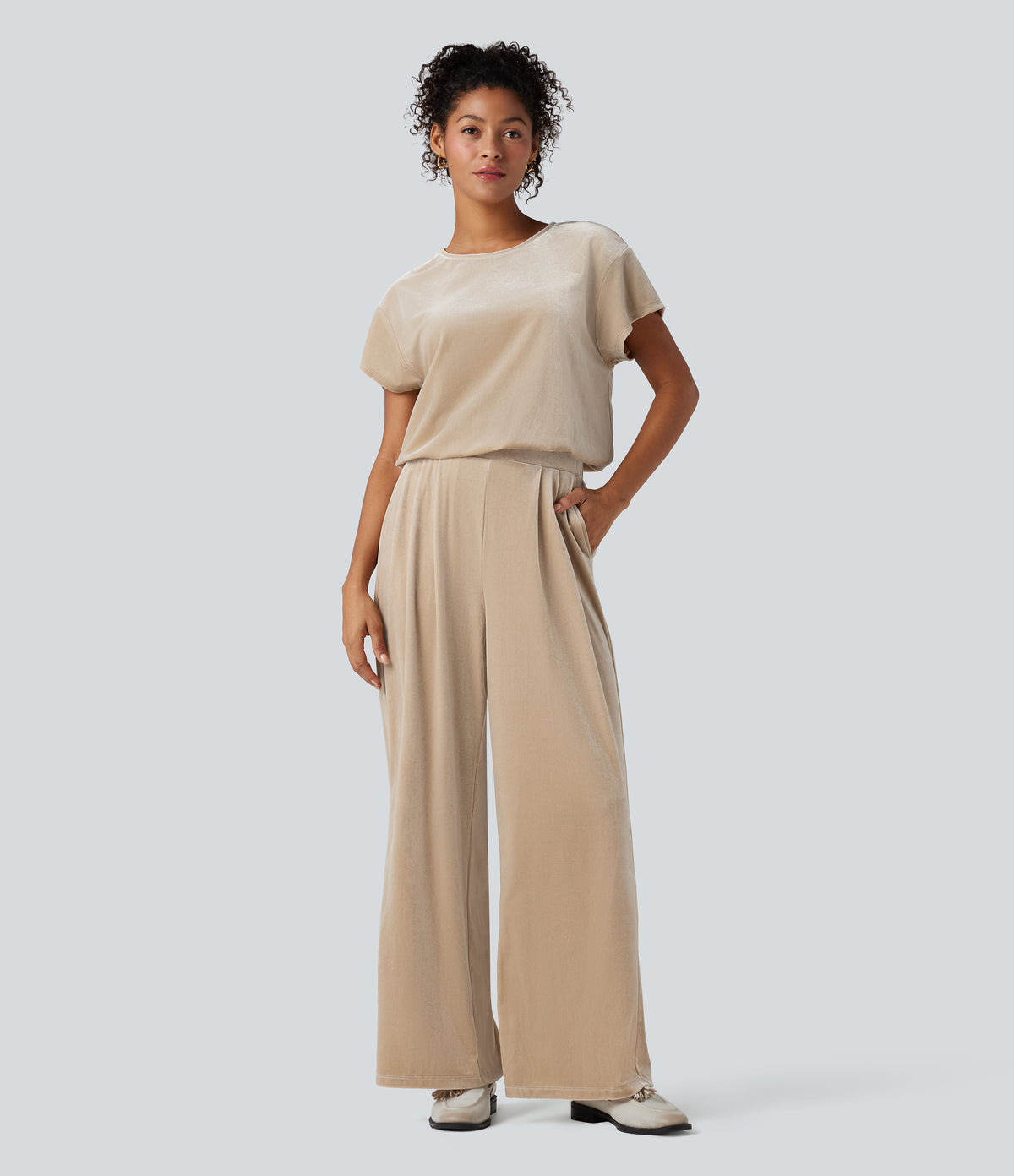 Round Neck Short Sleeve Velvet Work Jumpsuit with Pockets — Wood Ash — view 1
