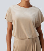 Round Neck Short Sleeve Velvet Work Jumpsuit with Pockets — Wood Ash — view 4