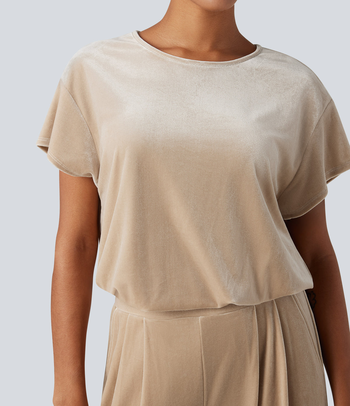 Round Neck Short Sleeve Velvet Work Jumpsuit with Pockets — Wood Ash — view 4