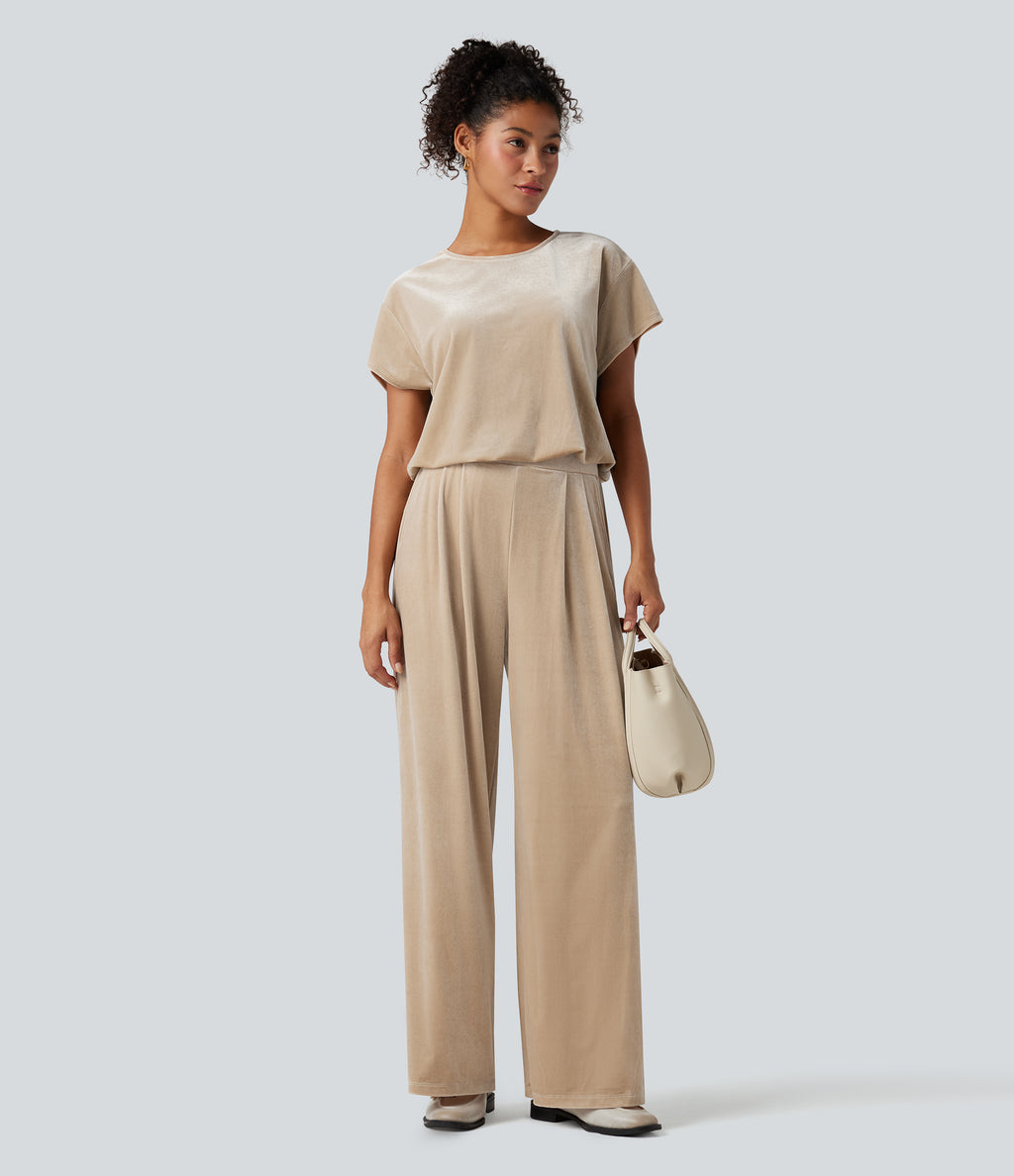 Round Neck Short Sleeve Velvet Work Jumpsuit with Pockets — Wood Ash — view 7