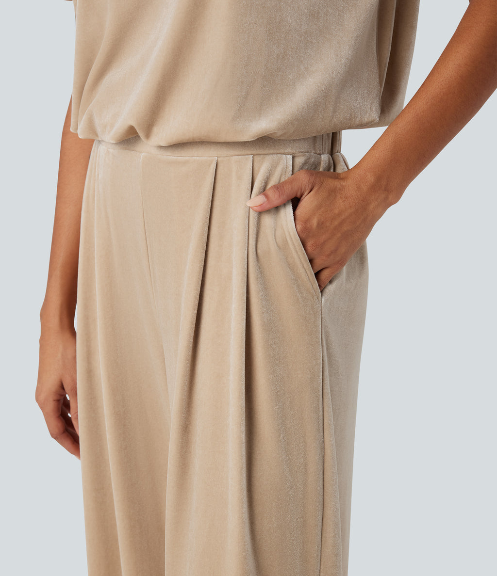 Round Neck Short Sleeve Velvet Work Jumpsuit with Pockets — Wood Ash — view 6