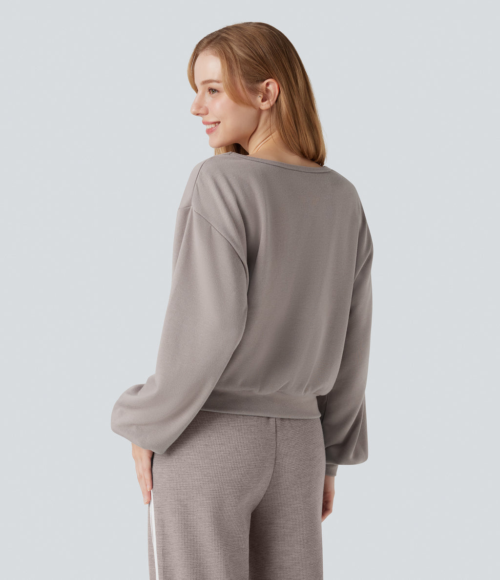 V Neck Long Sleeve Casual Sweatshirt — Ashes of Roses — view 2