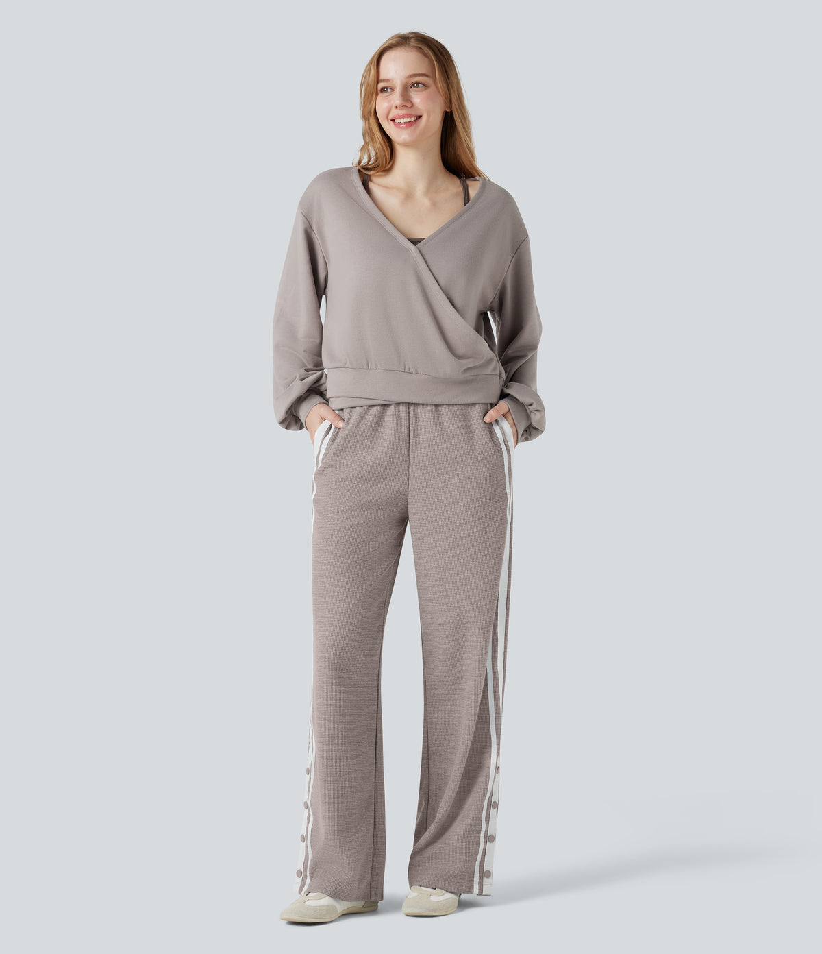 V Neck Long Sleeve Casual Sweatshirt — Ashes of Roses — view 5