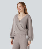 V Neck Long Sleeve Casual Sweatshirt — Ashes of Roses — view 3