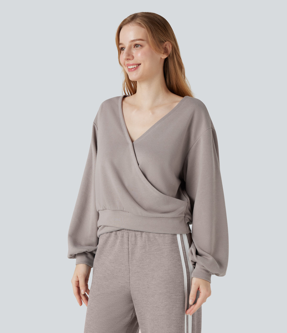 V Neck Long Sleeve Casual Sweatshirt — Ashes of Roses — view 3