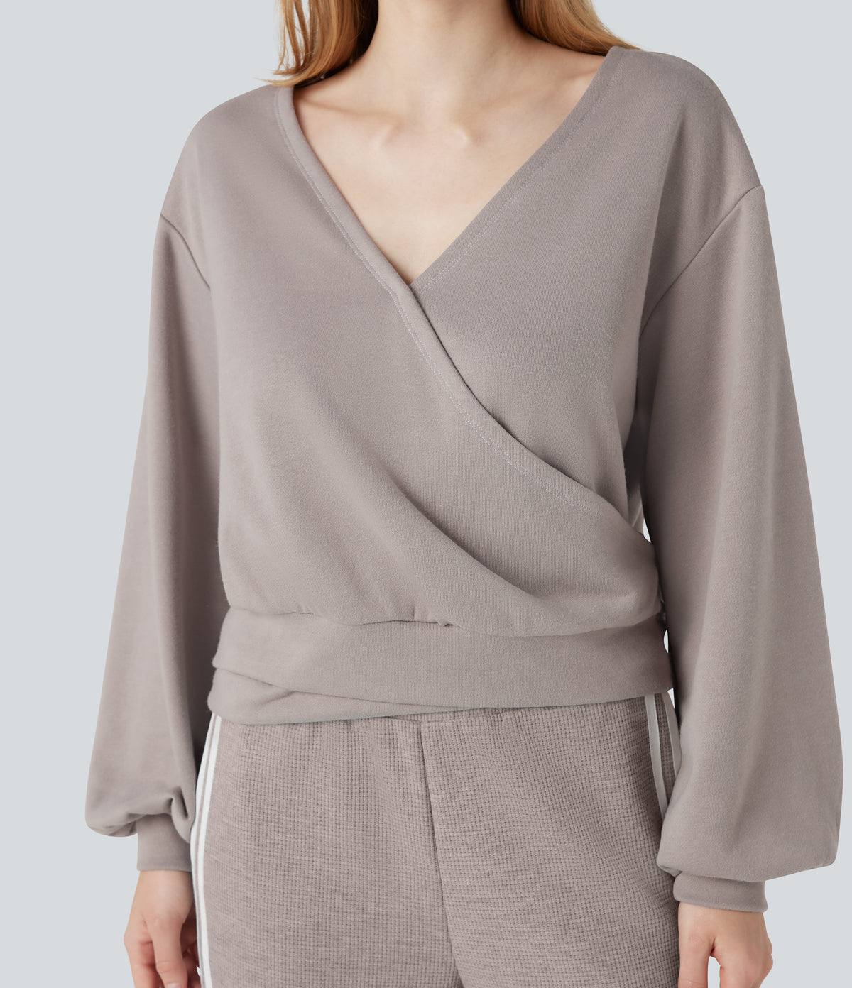 V Neck Long Sleeve Casual Sweatshirt — Ashes of Roses — view 4