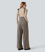 Tie Side Wide Leg Houndstooth Plaid Work Dungarees with Pockets — Brown Houndstooth Plaid — view 2