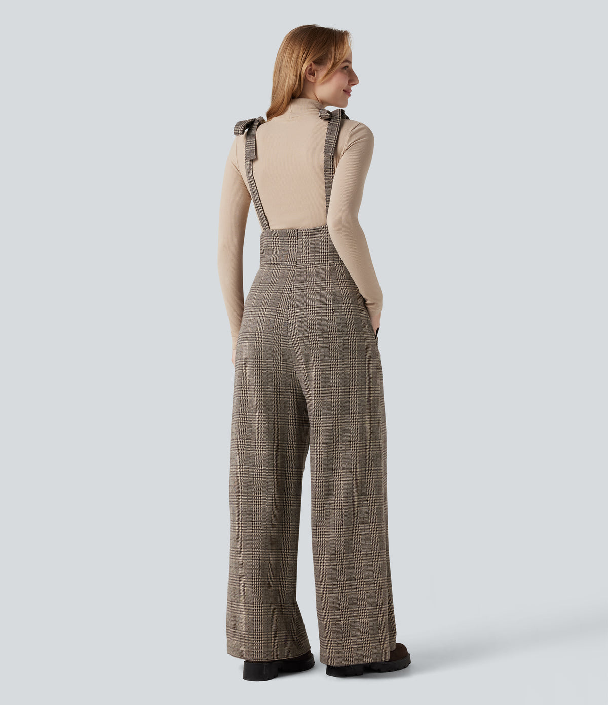 Tie Side Wide Leg Houndstooth Plaid Work Dungarees with Pockets — Brown Houndstooth Plaid — view 2