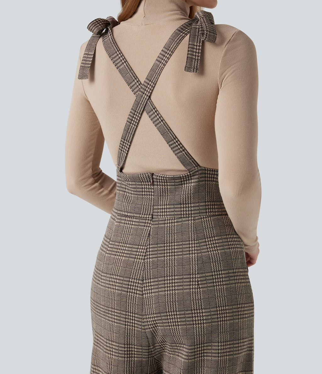 Tie Side Wide Leg Houndstooth Plaid Work Dungarees with Pockets — Brown Houndstooth Plaid — view 7