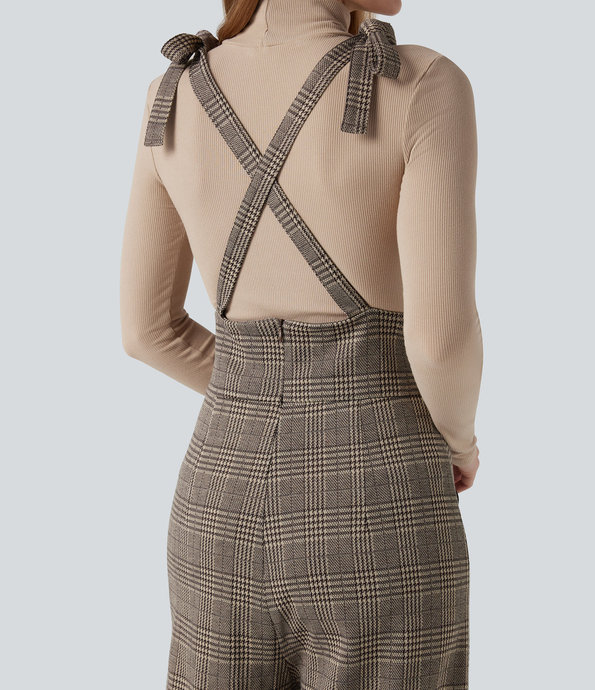 Tie Side Wide Leg Houndstooth Plaid Work Dungarees with Pockets — Brown Houndstooth Plaid — view 7
