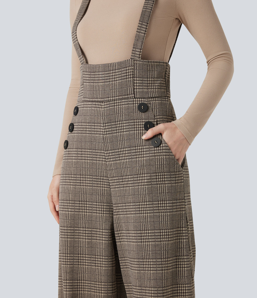 Tie Side Wide Leg Houndstooth Plaid Work Dungarees with Pockets — Brown Houndstooth Plaid — view 8
