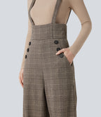 Tie Side Wide Leg Houndstooth Plaid Work Dungarees with Pockets — Brown Houndstooth Plaid — view 8