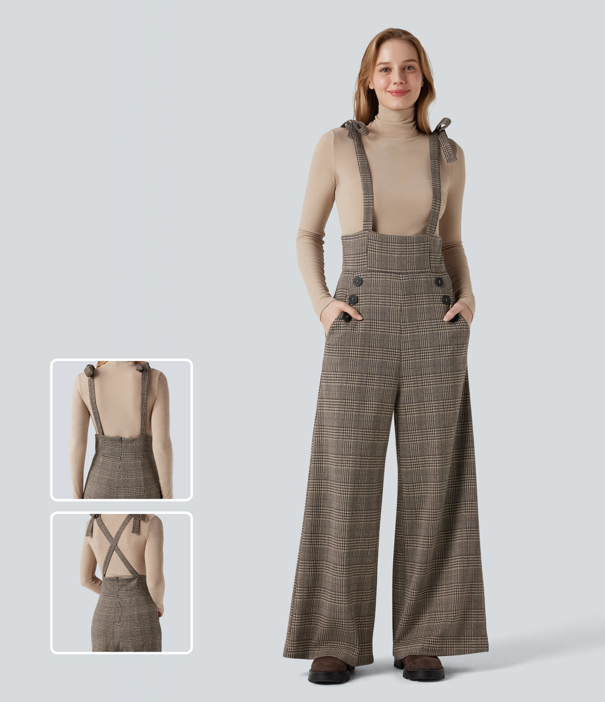 Tie Side Wide Leg Houndstooth Plaid Work Dungarees with Pockets — Brown Houndstooth Plaid — view 1
