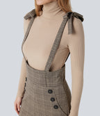 Tie Side Wide Leg Houndstooth Plaid Work Dungarees with Pockets — Brown Houndstooth Plaid — view 5