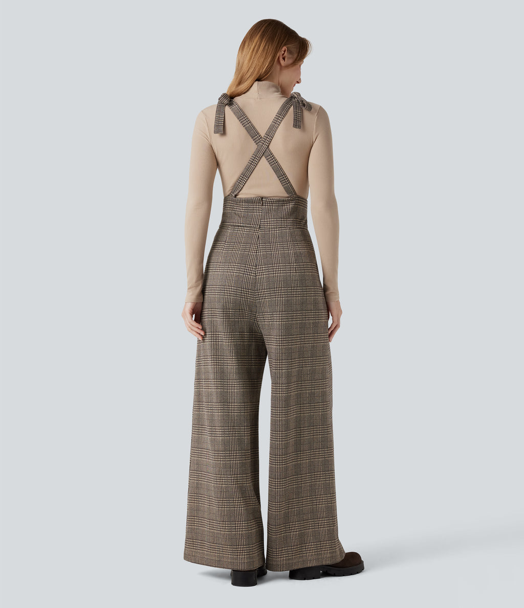 Tie Side Wide Leg Houndstooth Plaid Work Dungarees with Pockets — Brown Houndstooth Plaid — view 3