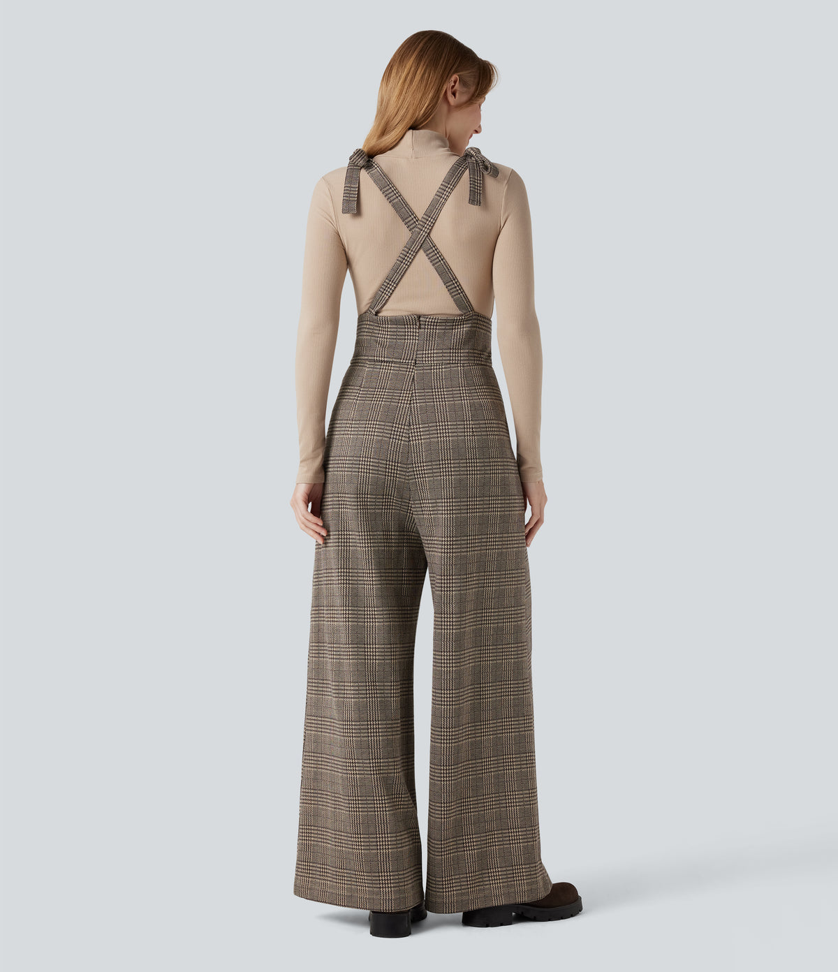 Tie Side Wide Leg Houndstooth Plaid Work Dungarees with Pockets — Brown Houndstooth Plaid — view 3