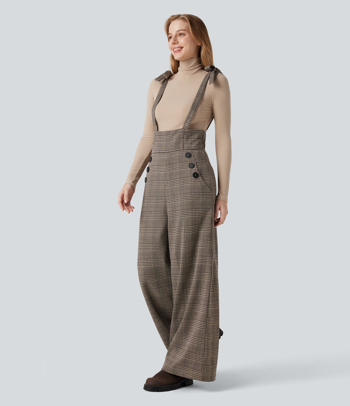 Tie Side Wide Leg Houndstooth Plaid Work Dungarees with Pockets — Brown Houndstooth Plaid — view 4