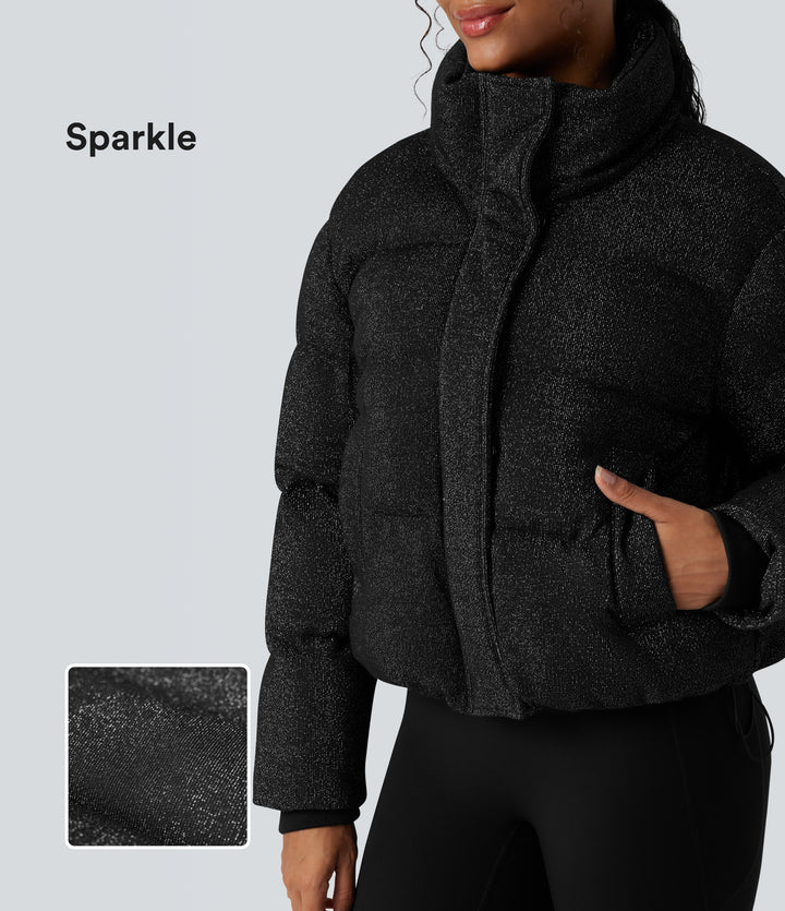 High Neck Drawstring Hem Sparkle Casual Puffer Jacket with Pockets — Black — view 1