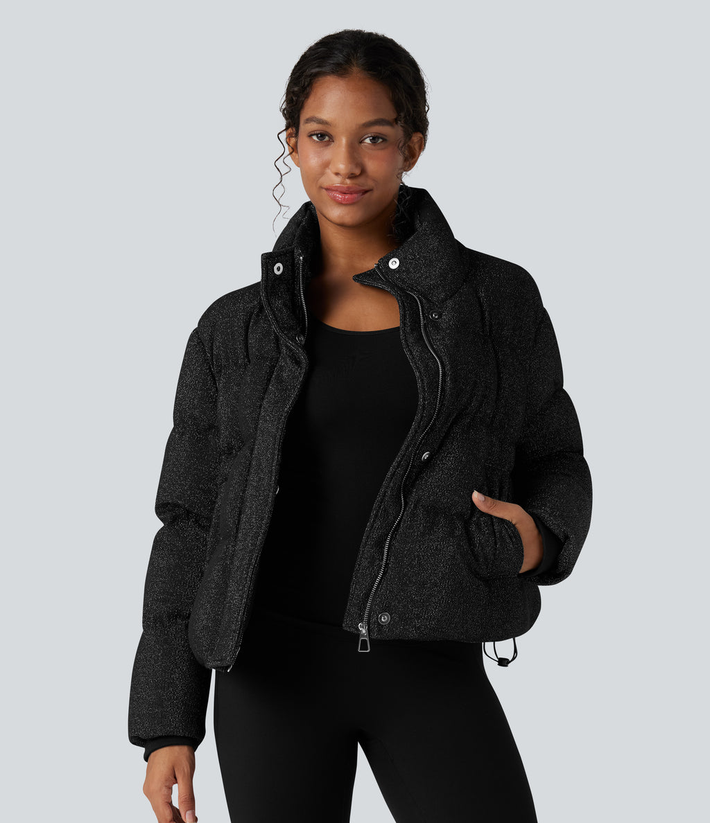 High Neck Drawstring Hem Sparkle Casual Puffer Jacket with Pockets — Black — view 2