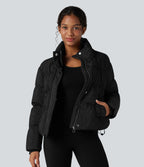 High Neck Drawstring Hem Sparkle Casual Puffer Jacket with Pockets — Black — view 2