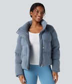 High Neck Drawstring Hem Sparkle Casual Puffer Jacket with Pockets — Ashley Blue — view 9