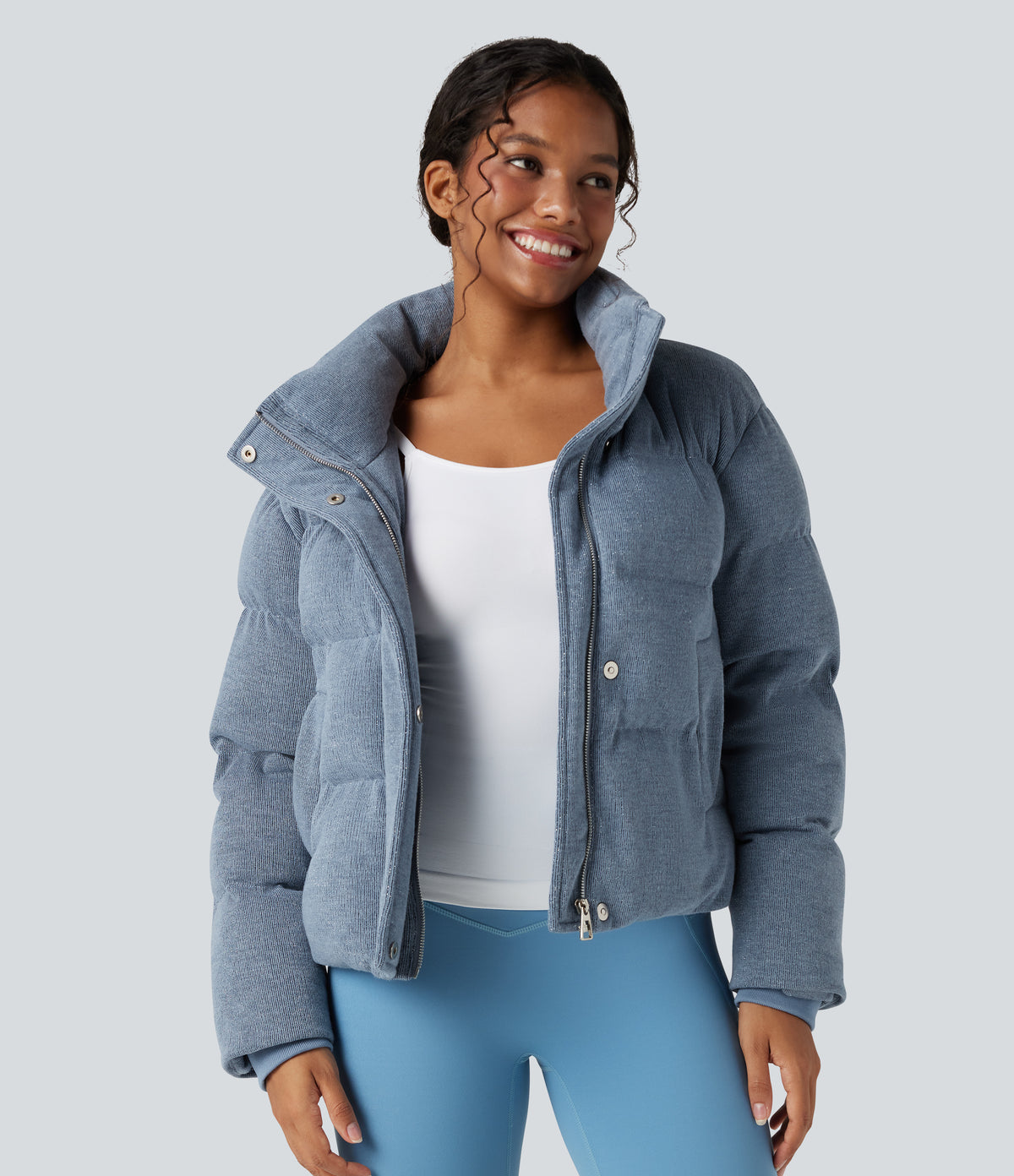 High Neck Drawstring Hem Sparkle Casual Puffer Jacket with Pockets — Ashley Blue — view 9