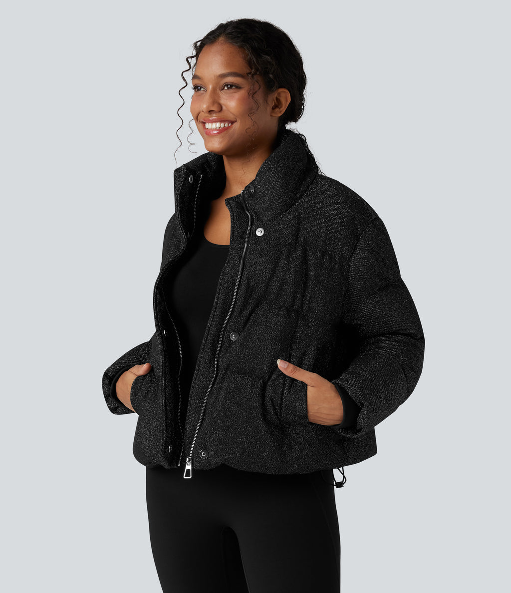 High Neck Drawstring Hem Sparkle Casual Puffer Jacket with Pockets — Black — view 4