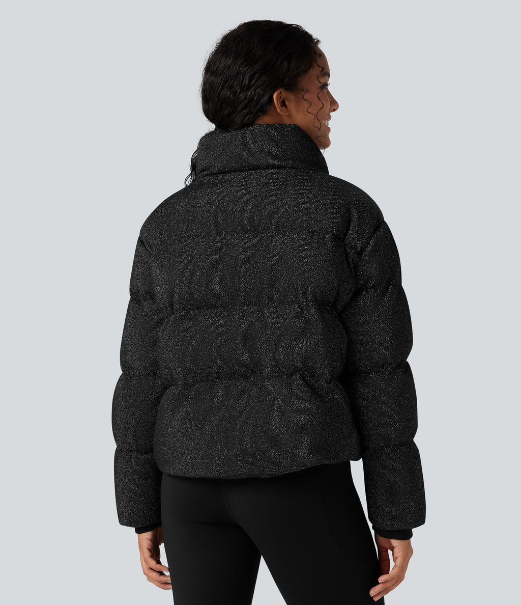 High Neck Drawstring Hem Sparkle Casual Puffer Jacket with Pockets — Black — view 3