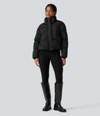 High Neck Drawstring Hem Sparkle Casual Puffer Jacket with Pockets — Black — view 7