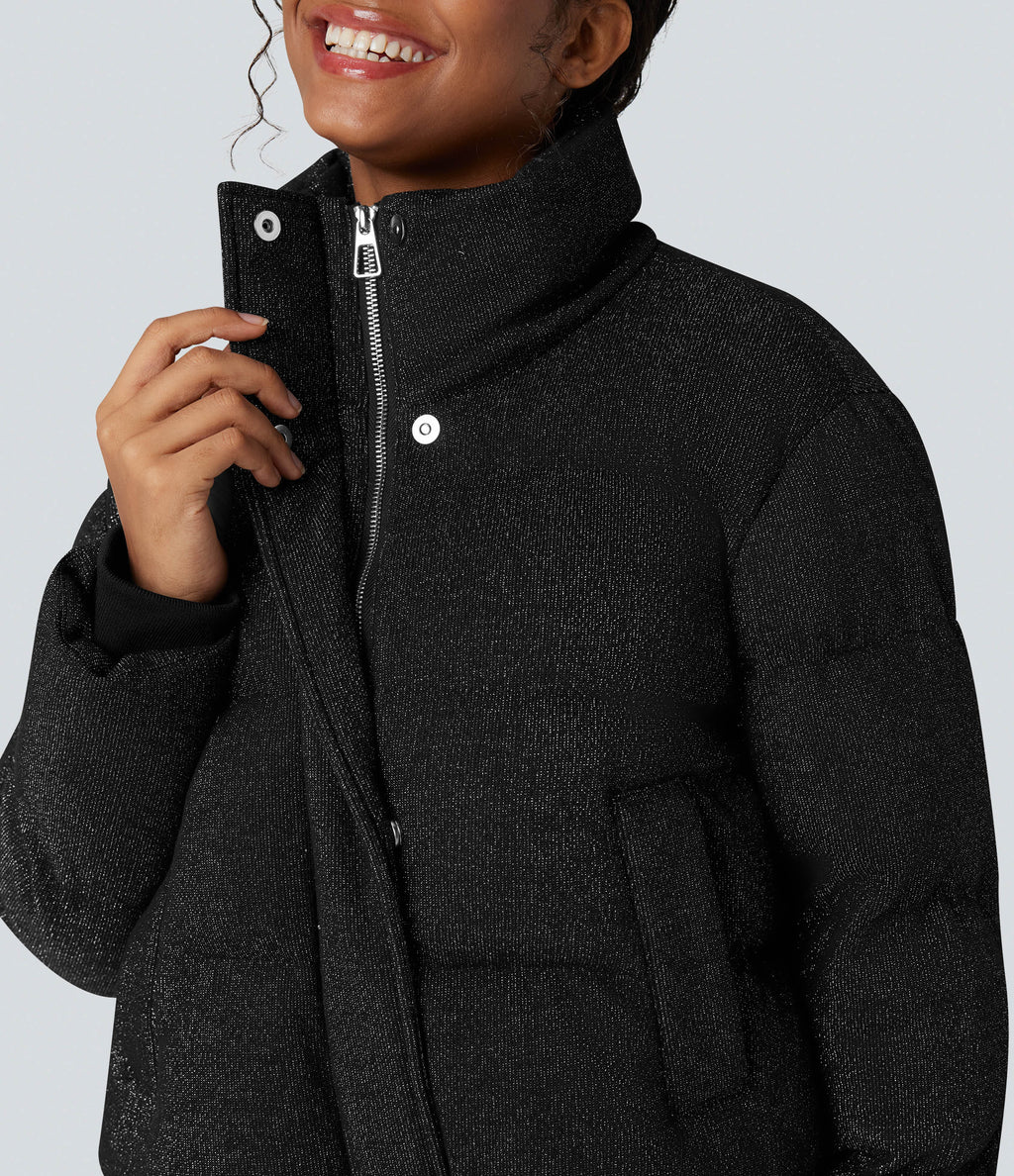 High Neck Drawstring Hem Sparkle Casual Puffer Jacket with Pockets — Black — view 6