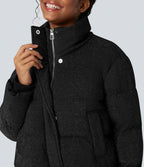 High Neck Drawstring Hem Sparkle Casual Puffer Jacket with Pockets — Black — view 6