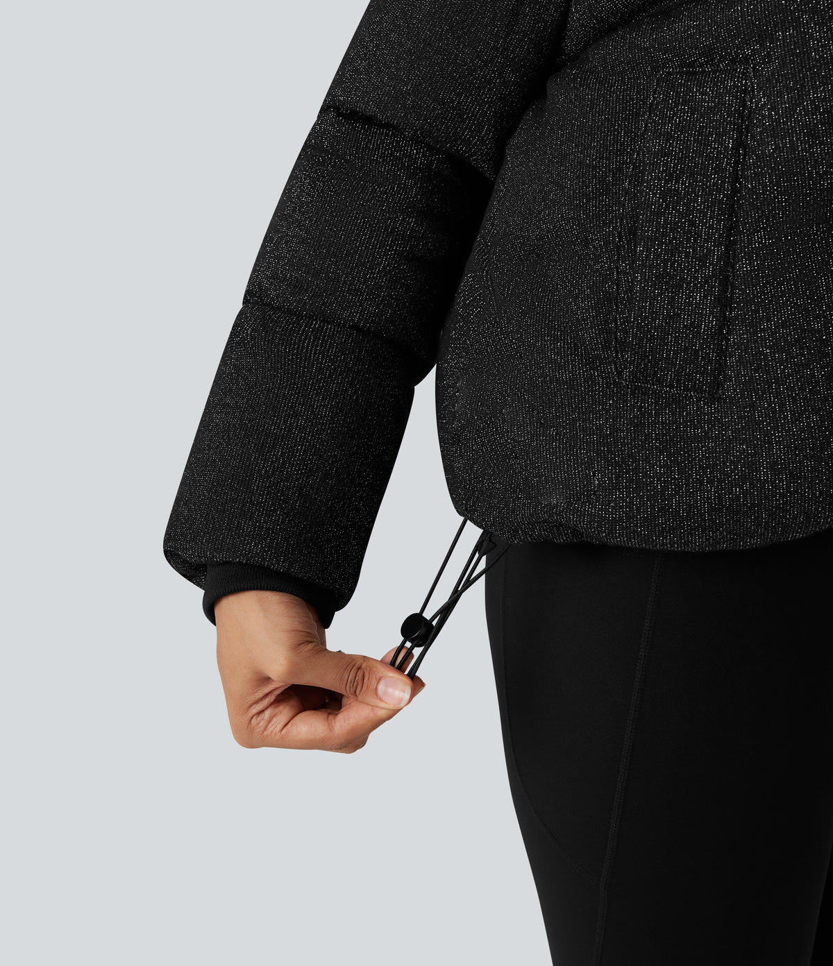 High Neck Drawstring Hem Sparkle Casual Puffer Jacket with Pockets — Black — view 5