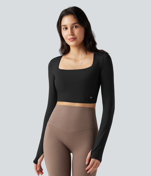 Airy Square Neck Long Sleeve Thumb Hole InstantCool Cropped Yoga Sports Top — Black — view 2