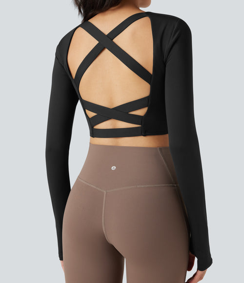 Airy Square Neck Long Sleeve Thumb Hole InstantCool Cropped Yoga Sports Top — Black — view 1