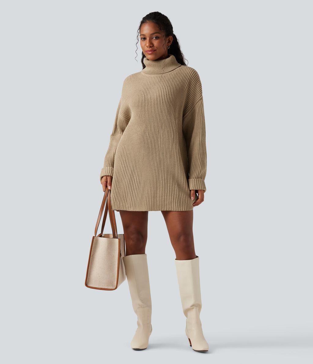 High Neck Long Sleeve Mini Work Jumper Dress — Almond Buff — view 1