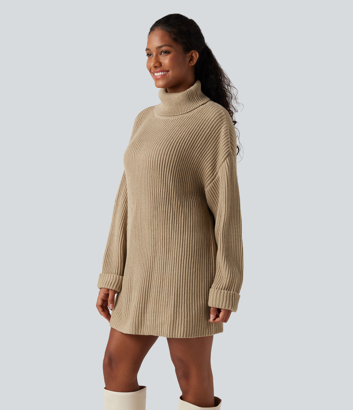 High Neck Long Sleeve Mini Work Jumper Dress — Almond Buff — view 4