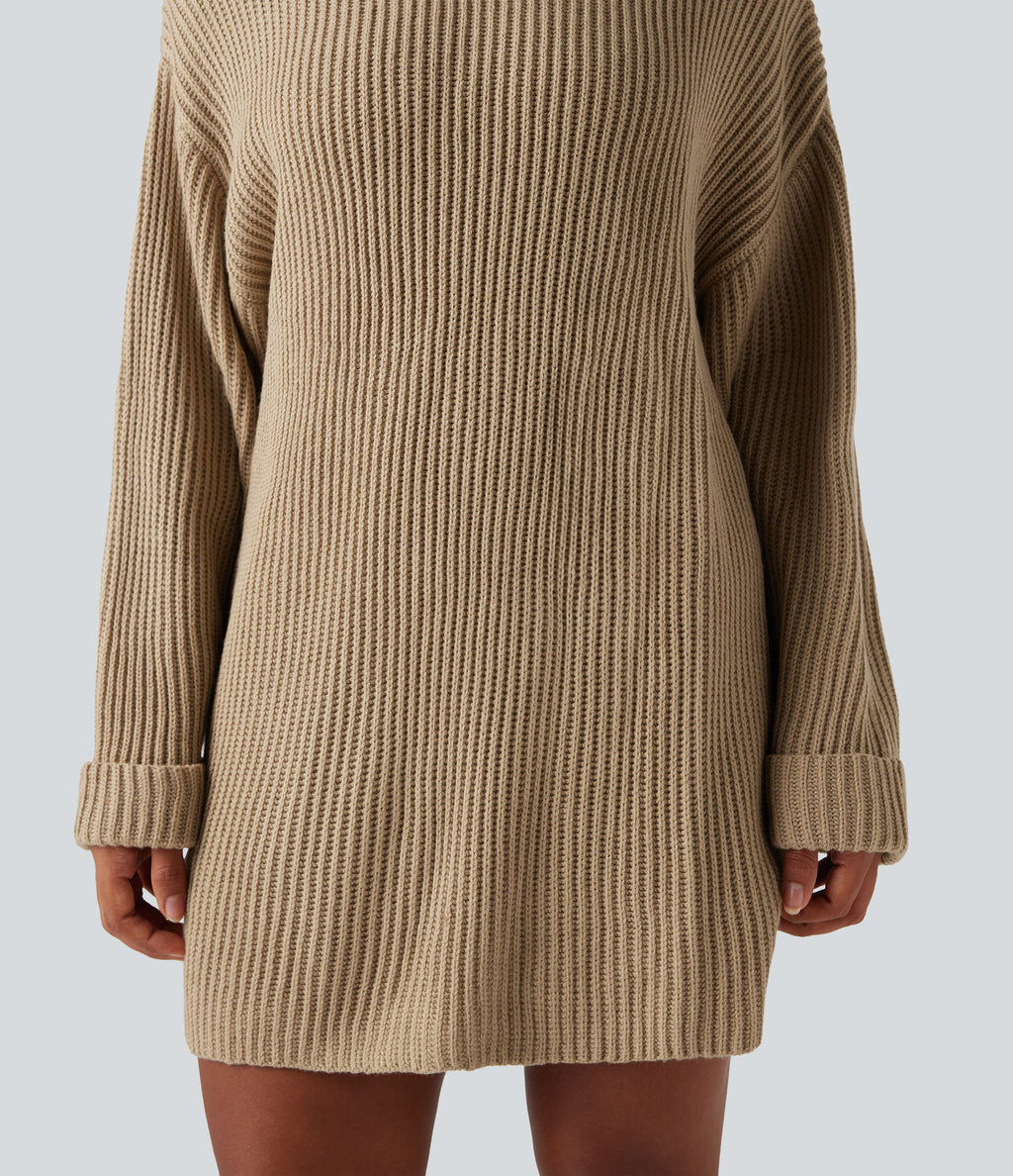High Neck Long Sleeve Mini Work Jumper Dress — Almond Buff — view 6