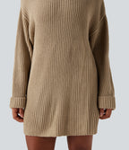 High Neck Long Sleeve Mini Work Jumper Dress — Almond Buff — view 6