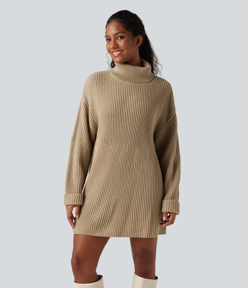 High Neck Long Sleeve Mini Work Jumper Dress — Almond Buff — view 2