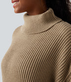 High Neck Long Sleeve Mini Work Jumper Dress — Almond Buff — view 5