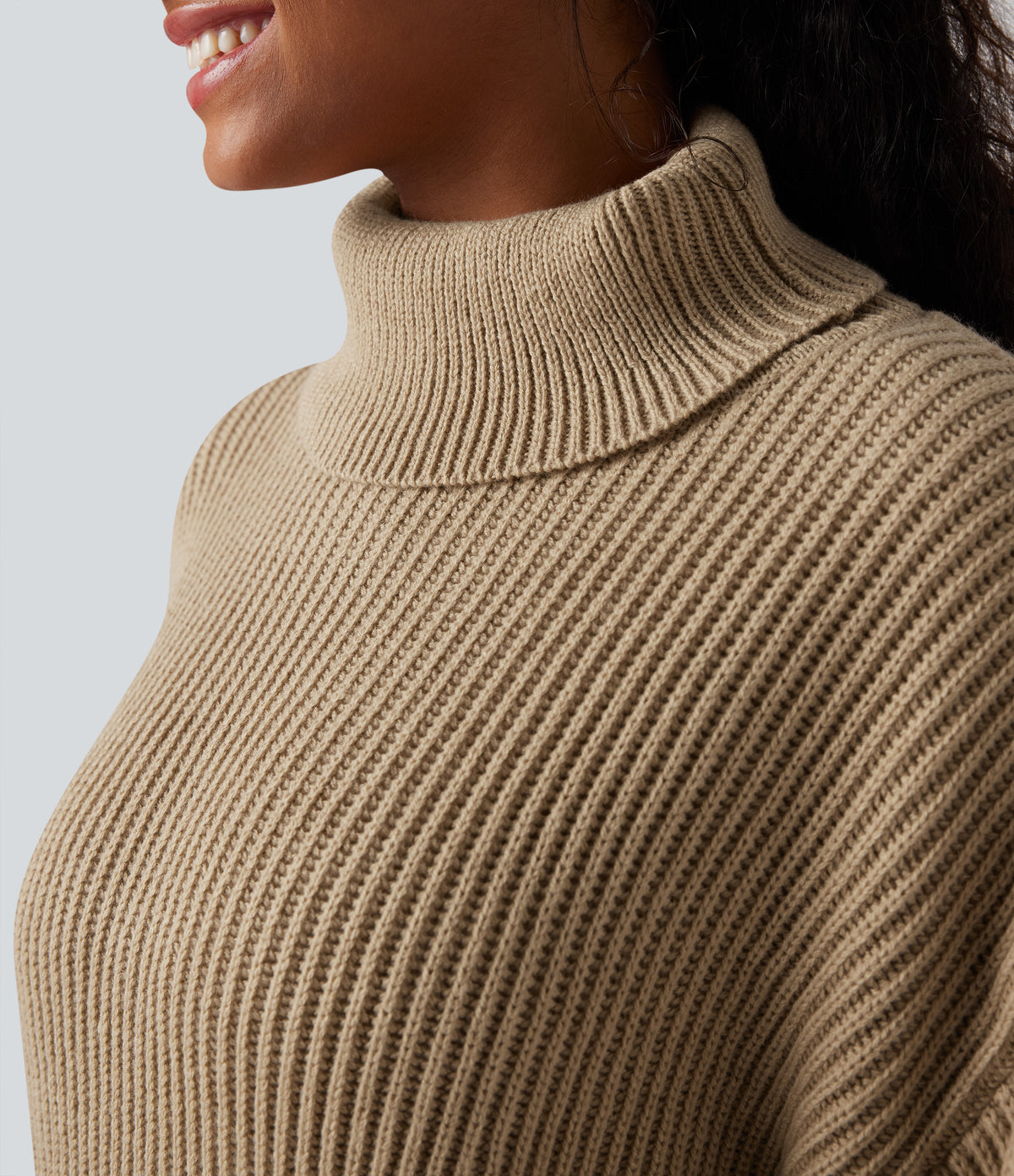 High Neck Long Sleeve Mini Work Jumper Dress — Almond Buff — view 5
