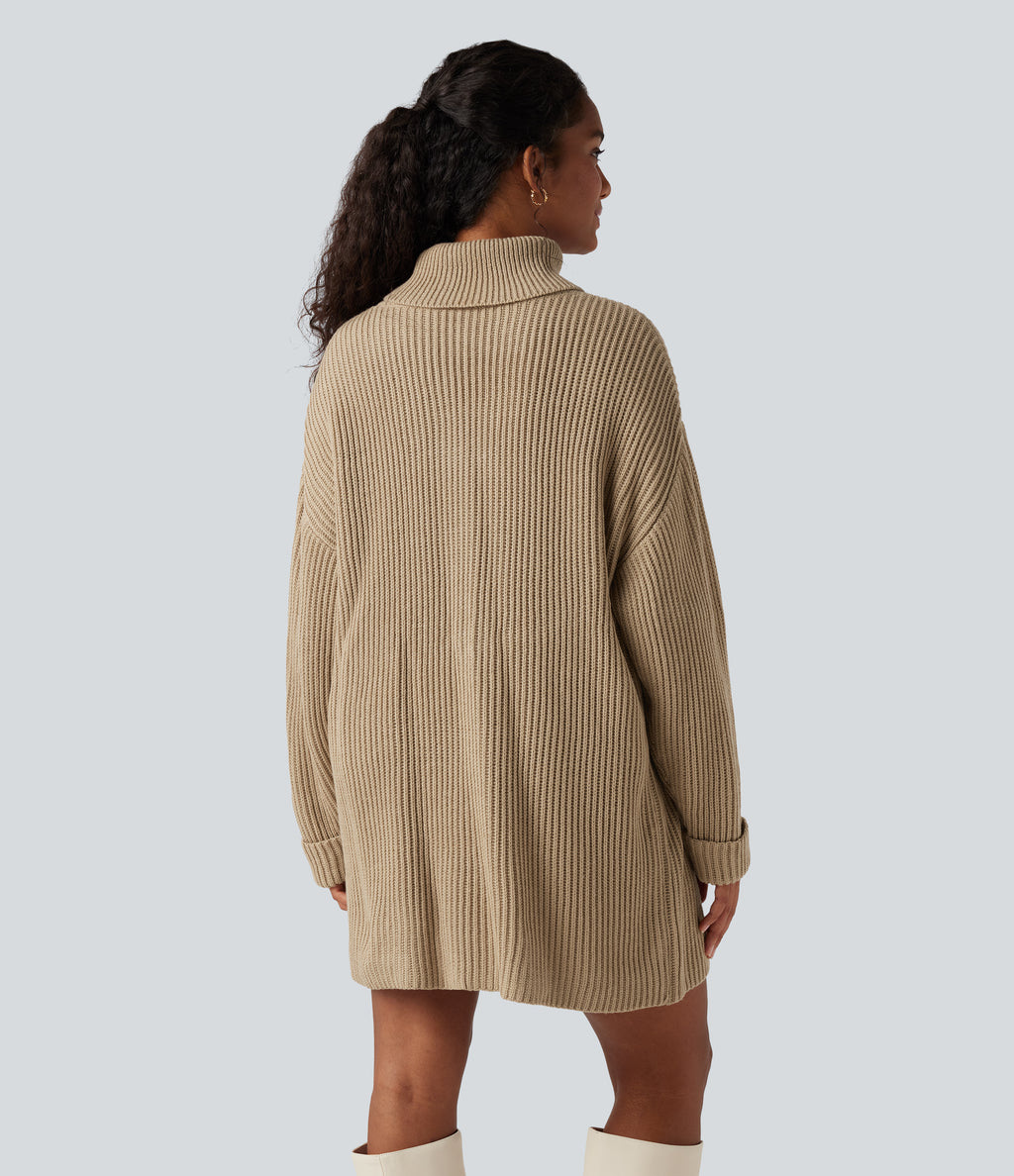 High Neck Long Sleeve Mini Work Jumper Dress — Almond Buff — view 3