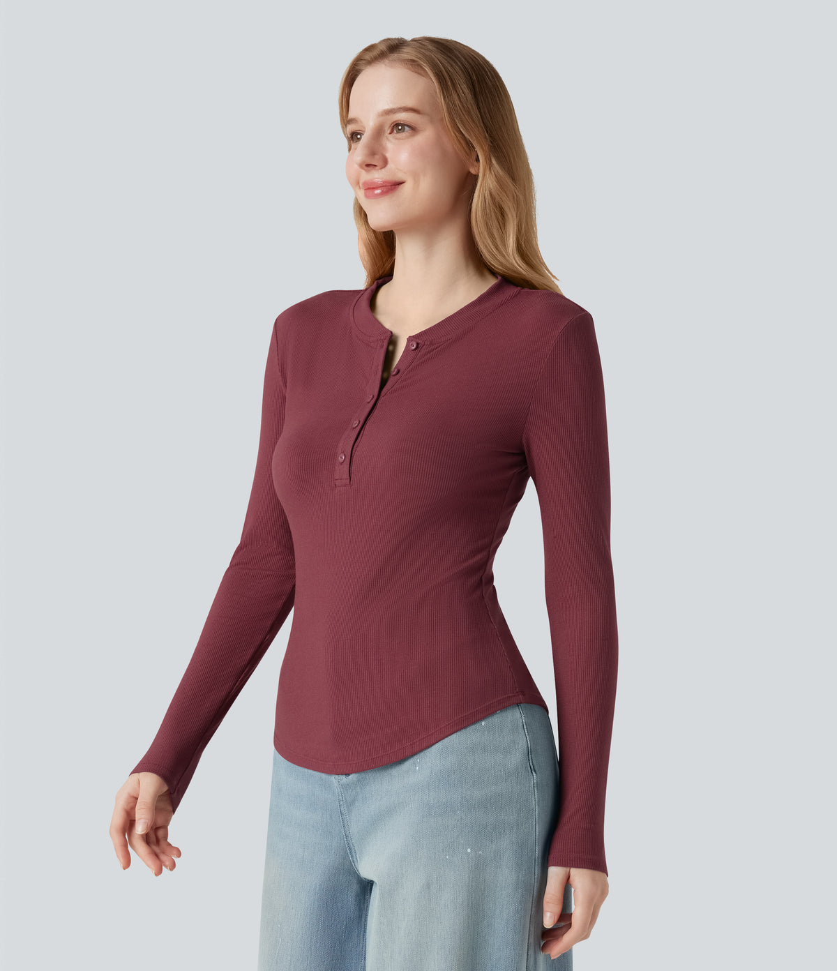 Ribbed Knit Henley Neck Long Sleeve Casual Top — Ruby Wine — view 4