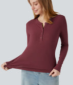 Ribbed Knit Henley Neck Long Sleeve Casual Top — Ruby Wine — view 5