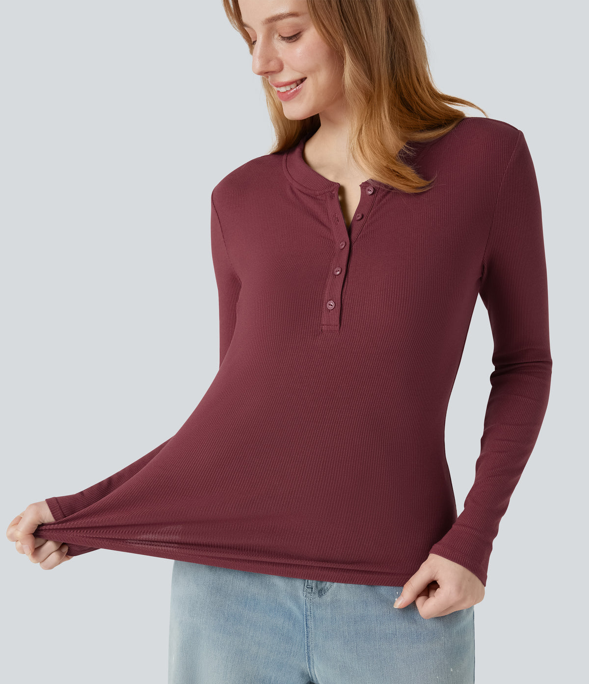 Ribbed Knit Henley Neck Long Sleeve Casual Top — Ruby Wine — view 5