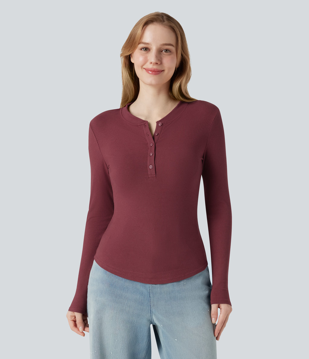 Ribbed Knit Henley Neck Long Sleeve Casual Top — Ruby Wine — view 2
