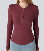 Ribbed Knit Henley Neck Long Sleeve Casual Top — Ruby Wine — view 1