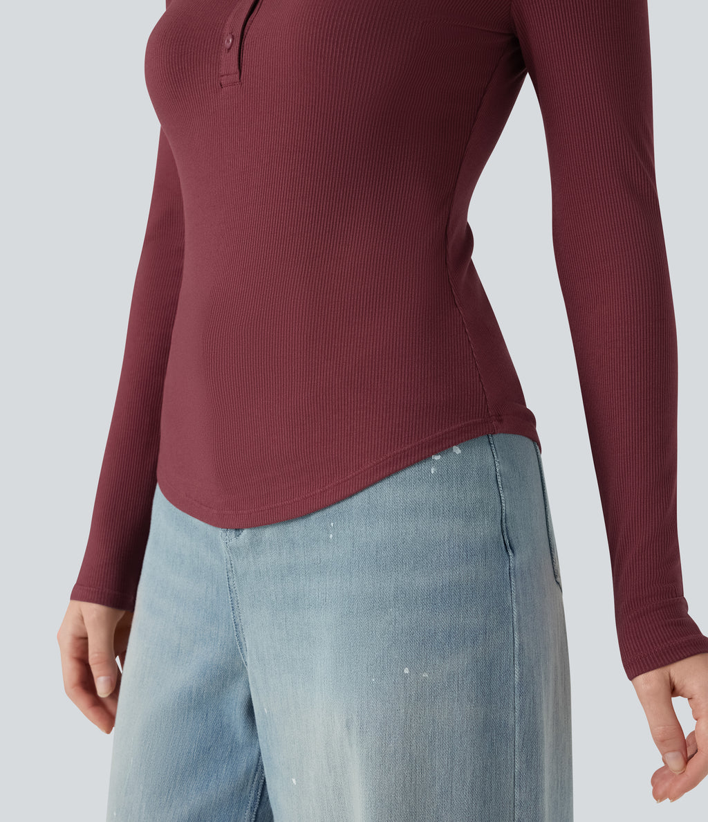 Ribbed Knit Henley Neck Long Sleeve Casual Top — Ruby Wine — view 6