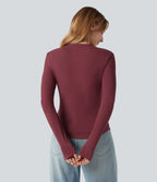 Ribbed Knit Henley Neck Long Sleeve Casual Top — Ruby Wine — view 3
